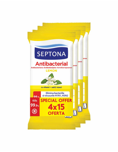 Septona Antibacterial Антибактериални мокри кърпички Лимон 4 пакета х15 броя
