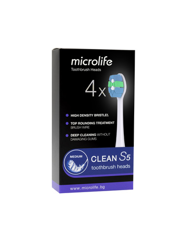 Microlife Clean S5 Накрайник за електрическа четка за зъби medium x4 броя, бели