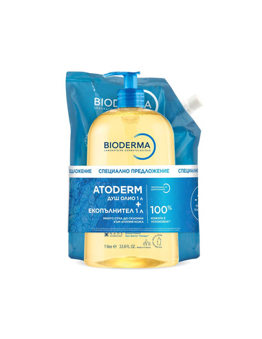 Промо Комплект Bioderma Atoderm Душ-олио за много суха и атопична кожа 1 литър + Пълнител 1 литър